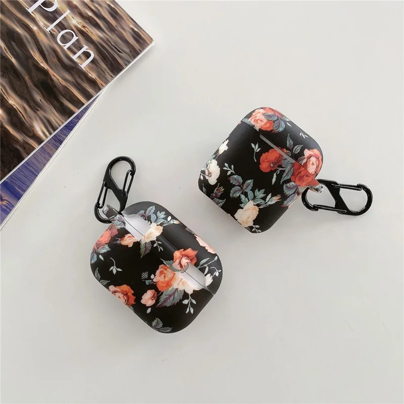For Apple AirPods 3 Rose Flower Pattern Silicone Case Protective Cover with Anti-Lost Hook