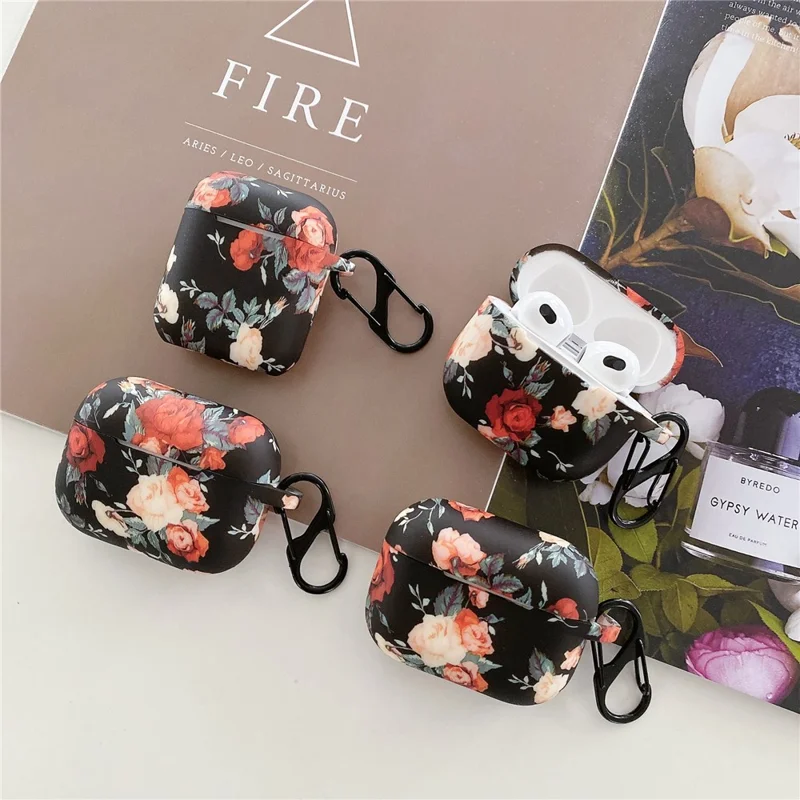 For Apple AirPods 3 Rose Flower Pattern Silicone Case Protective Cover with Anti-Lost Hook