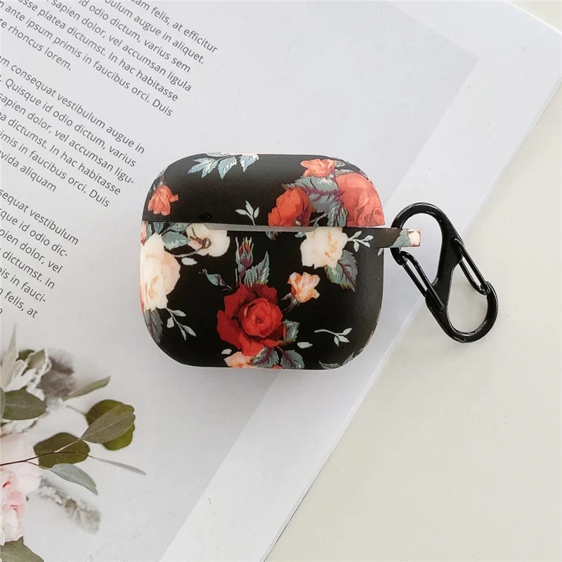 For Apple AirPods 4 Rose Flower Pattern Silicone Case Protective Cover with Anti-Lost Hook