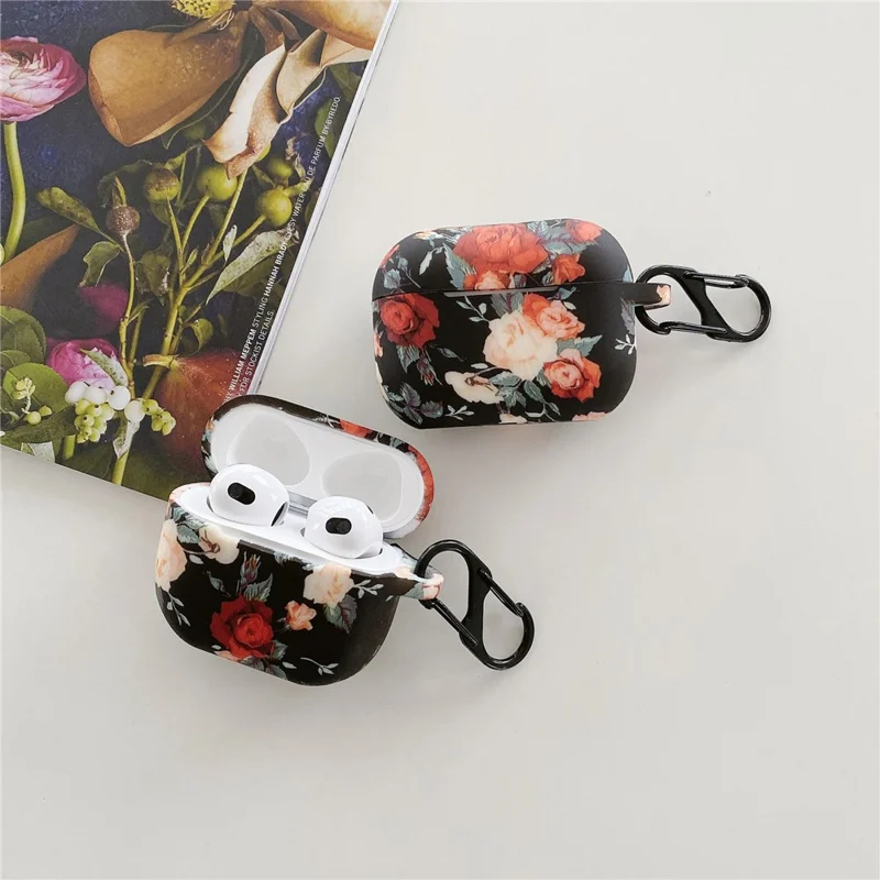For Apple AirPods 4 Rose Flower Pattern Silicone Case Protective Cover with Anti-Lost Hook