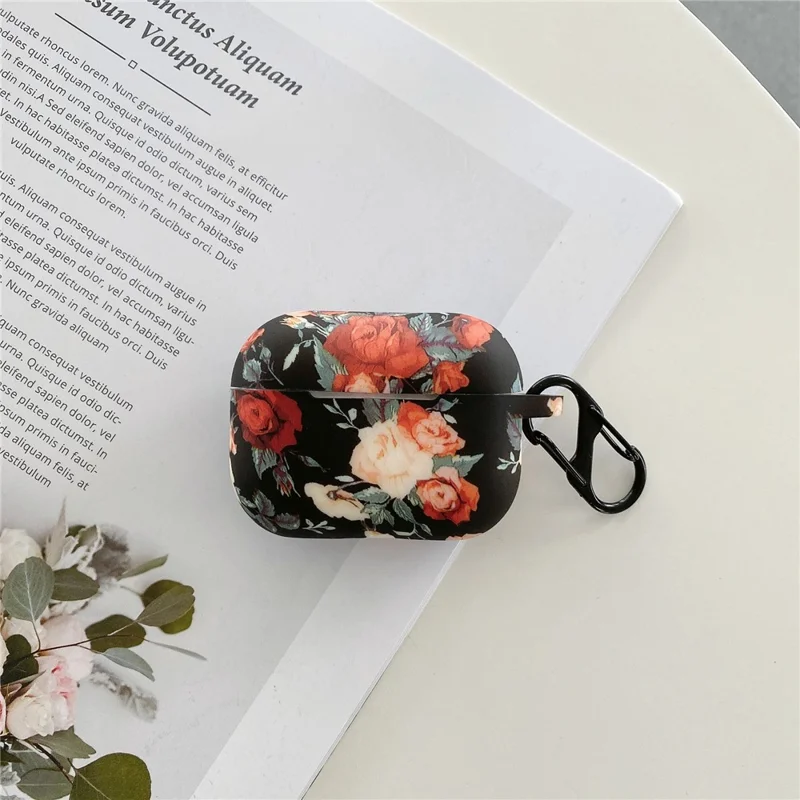 For Apple AirPods Pro 2  /  Pro Rose Flower Pattern Silicone Case Protective Cover with Anti-Lost Hook
