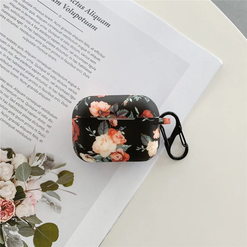 For Apple AirPods Pro 2  /  Pro Rose Flower Pattern Silicone Case Protective Cover with Anti-Lost Hook
