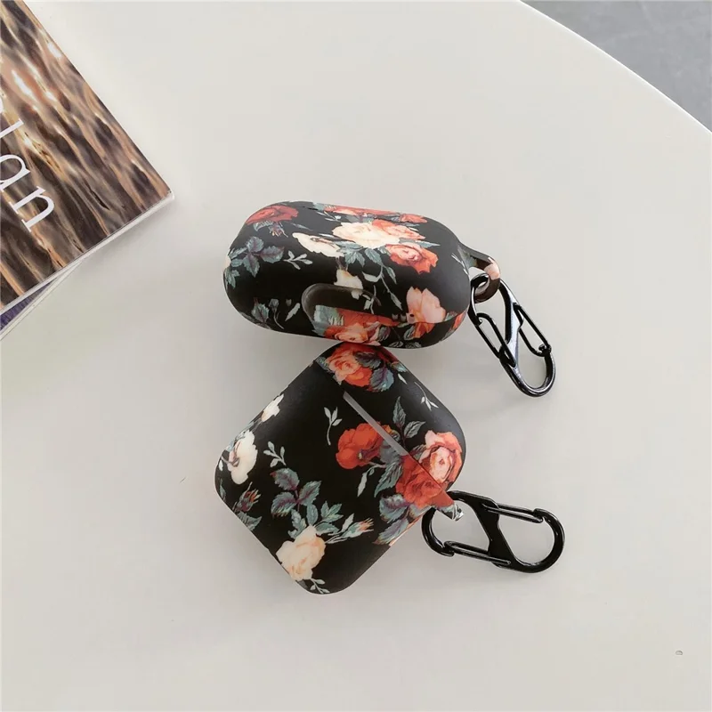 For Apple AirPods Pro 2  /  Pro Rose Flower Pattern Silicone Case Protective Cover with Anti-Lost Hook
