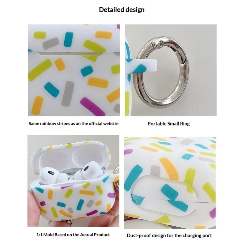 For Apple AirPods Pro 2 / Pro Silicone Case Rainbow Stripes Soft Protective Cover with Ring Buckle