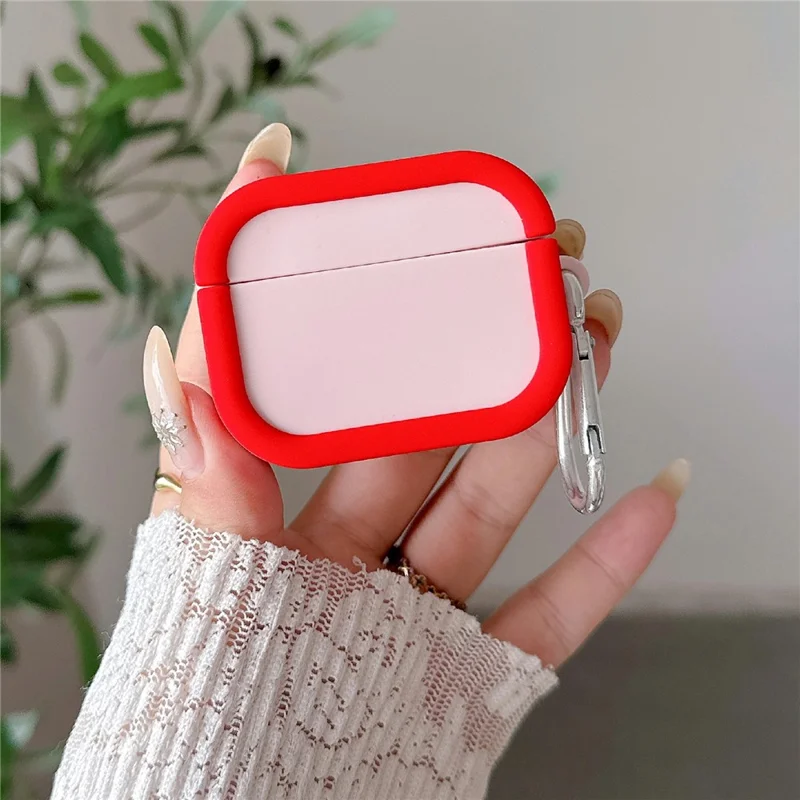 Silicone Case for Apple AirPods 4 Charging Case Macaron Color Blocking Protective Cover with Metal Carabiner - Pink+Red