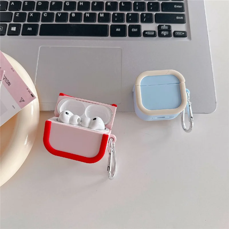 Silicone Case for Apple AirPods 4 Charging Case Macaron Color Blocking Protective Cover with Metal Carabiner - Pink+Red