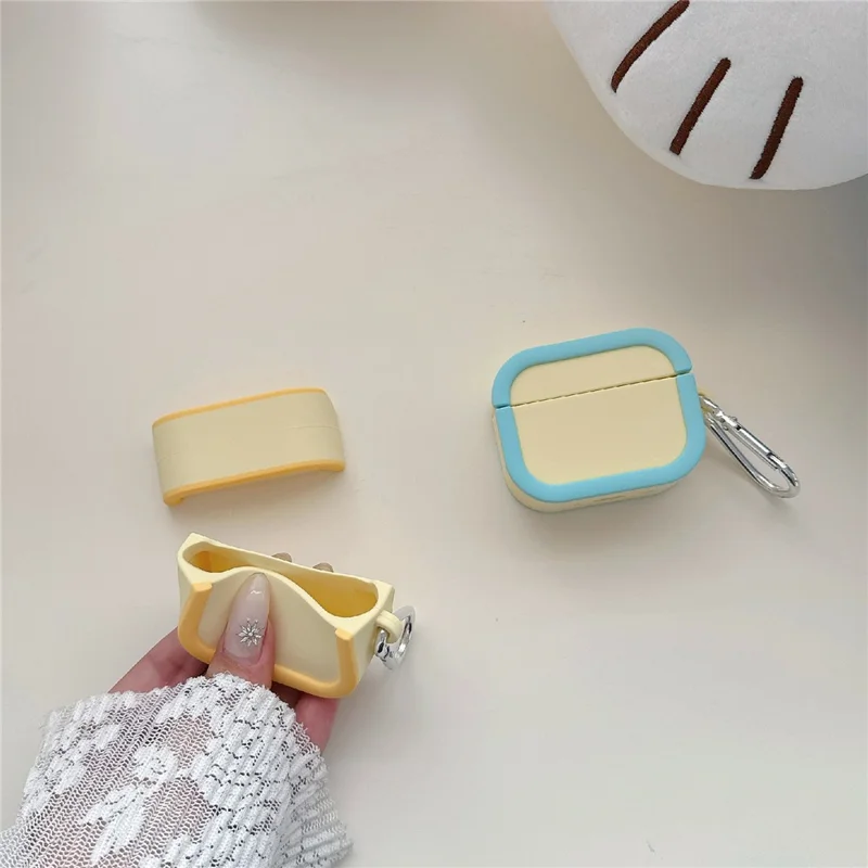 Silicone Case for Apple AirPods 4 Charging Case Macaron Color Blocking Protective Cover with Metal Carabiner - Pink+Red