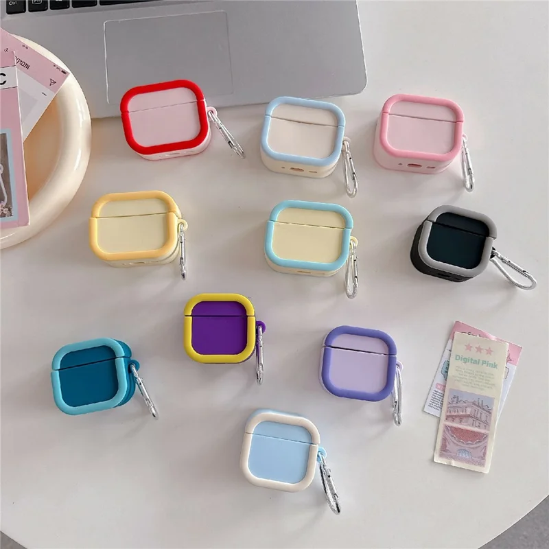 Silicone Case for Apple AirPods 4 Charging Case Macaron Color Blocking Protective Cover with Metal Carabiner - Pink+Red