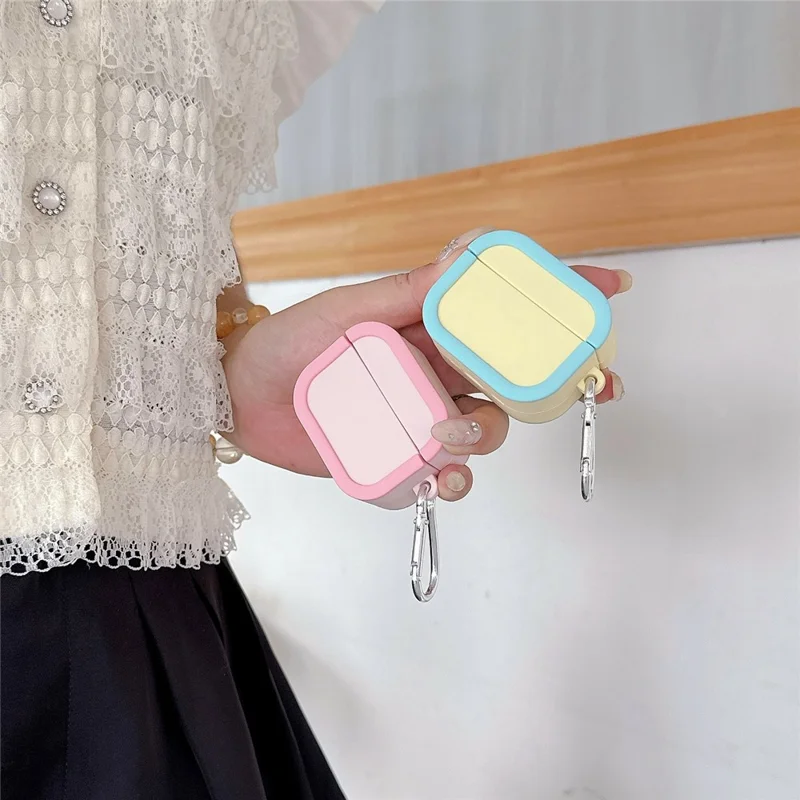 Silicone Case for Apple AirPods Pro 2 Charging Case Macaron Color Blocking Protective Cover with Metal Carabiner - Pink+Red