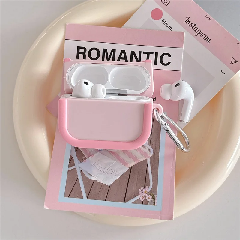 Silicone Case for Apple AirPods Pro 2 Charging Case Macaron Color Blocking Protective Cover with Metal Carabiner - Pink+Red