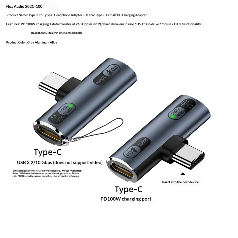 202C-100 PD 100W Fast Charging Type-C to Type-C 10Gbps Data Transfer OTG Headphone Adapter - Grey