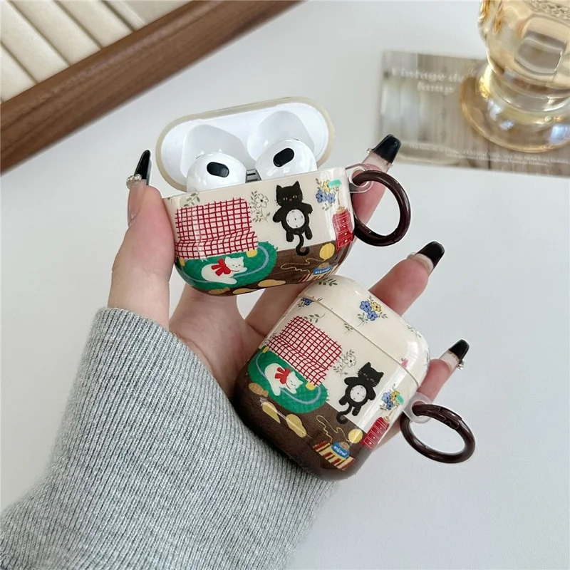 For AirPods 3 Protective Case IMD Cat Pattern TPU Earphone Cover with Carabiner