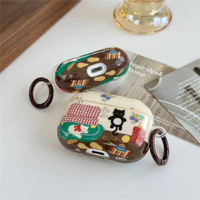 For AirPods 3 Protective Case IMD Cat Pattern TPU Earphone Cover with Carabiner