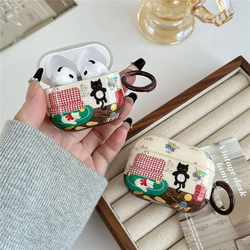 For AirPods 3 Protective Case IMD Cat Pattern TPU Earphone Cover with Carabiner