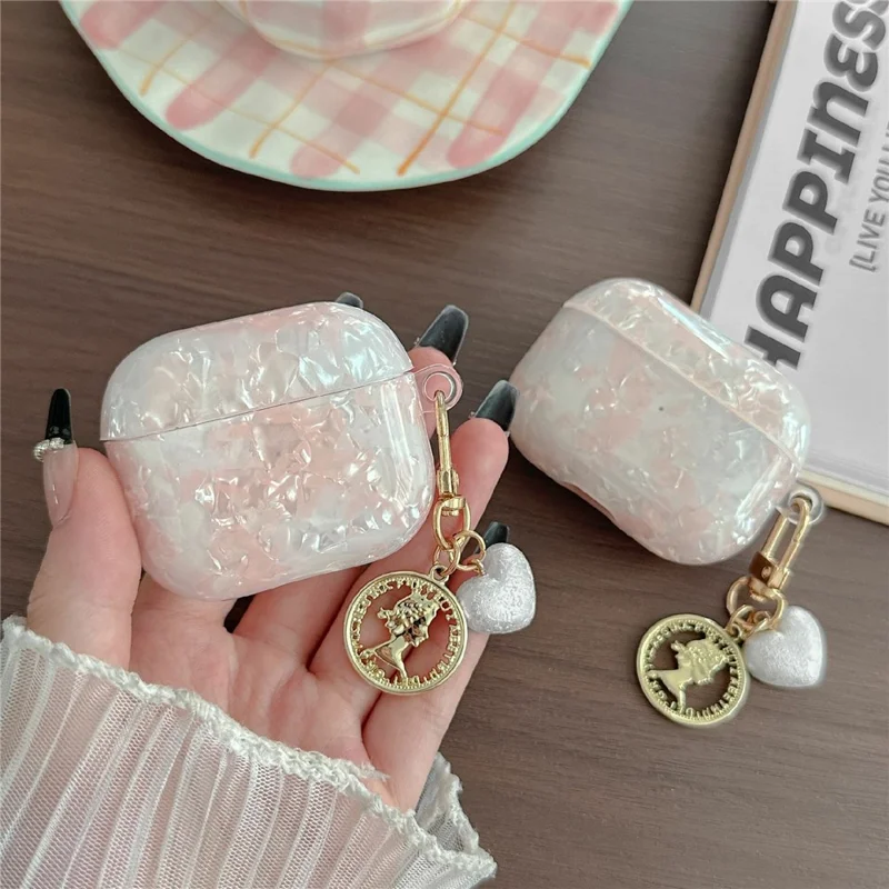 For AirPods 3 Protective Case Pearlescent Shell Texture TPU Earphone Cover with Heart Pendant Charm