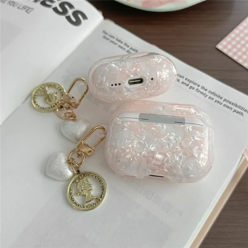 For AirPods Pro 2 Protective Case Pearlescent Shell Texture TPU Earphone Cover with Heart Pendant Charm