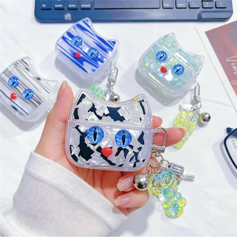 For AirPods 3 Protective Case Blue Eye Cat Soft TPU Earphone Cover with Pendant - White