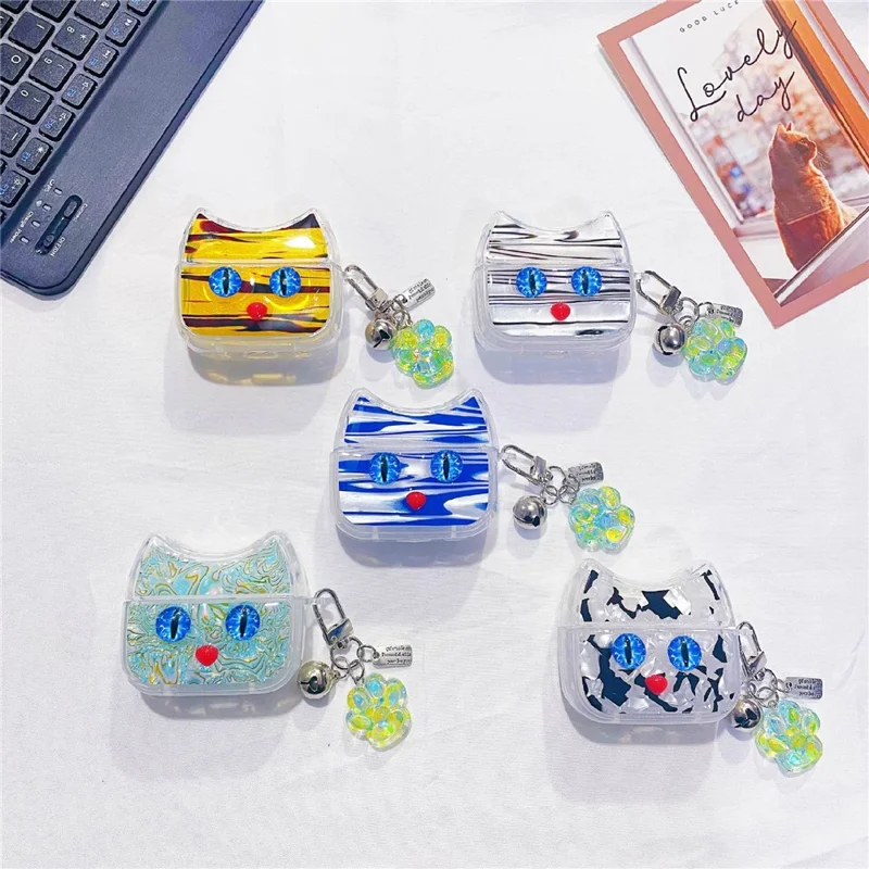 For AirPods 3 Protective Case Blue Eye Cat Soft TPU Earphone Cover with Pendant - White