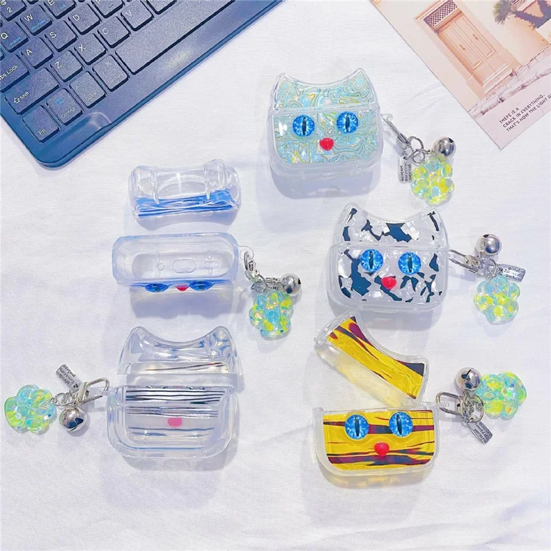 For AirPods 3 Protective Case Blue Eye Cat Soft TPU Earphone Cover with Pendant - White