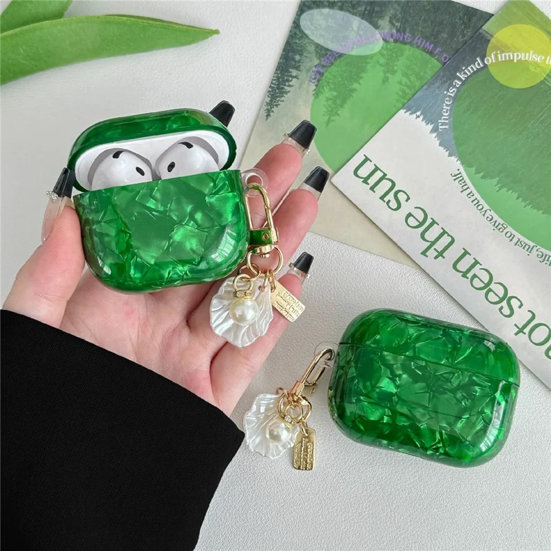 For AirPods 3 Case Green Shell Grain TPU Anti-Scratch Earphone Cover with Shell Pendant