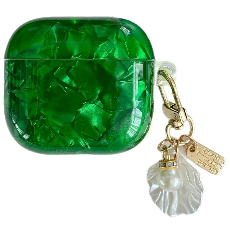 For AirPods 4 Case Green Shell Grain TPU Anti-Scratch Earphone Cover with Shell Pendant