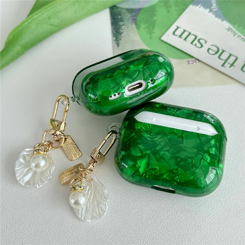 For AirPods 4 Case Green Shell Grain TPU Anti-Scratch Earphone Cover with Shell Pendant