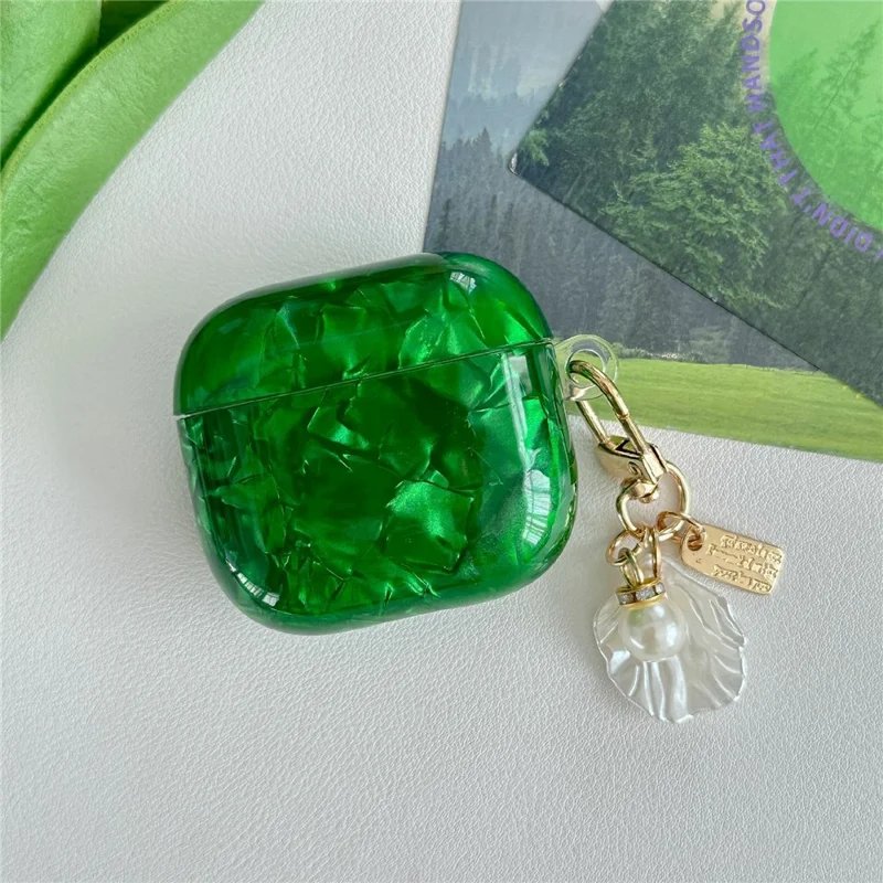 For AirPods 4 Case Green Shell Grain TPU Anti-Scratch Earphone Cover with Shell Pendant