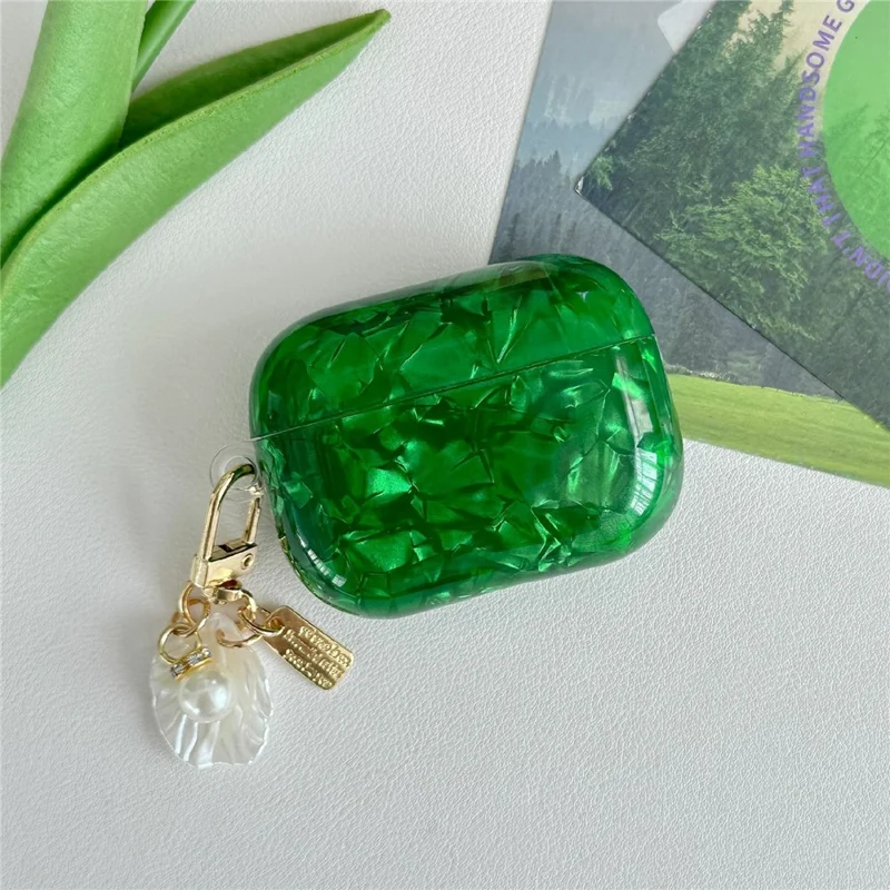 For AirPods Pro 2 Case Green Shell Grain TPU Anti-Scratch Earphone Cover with Shell Pendant