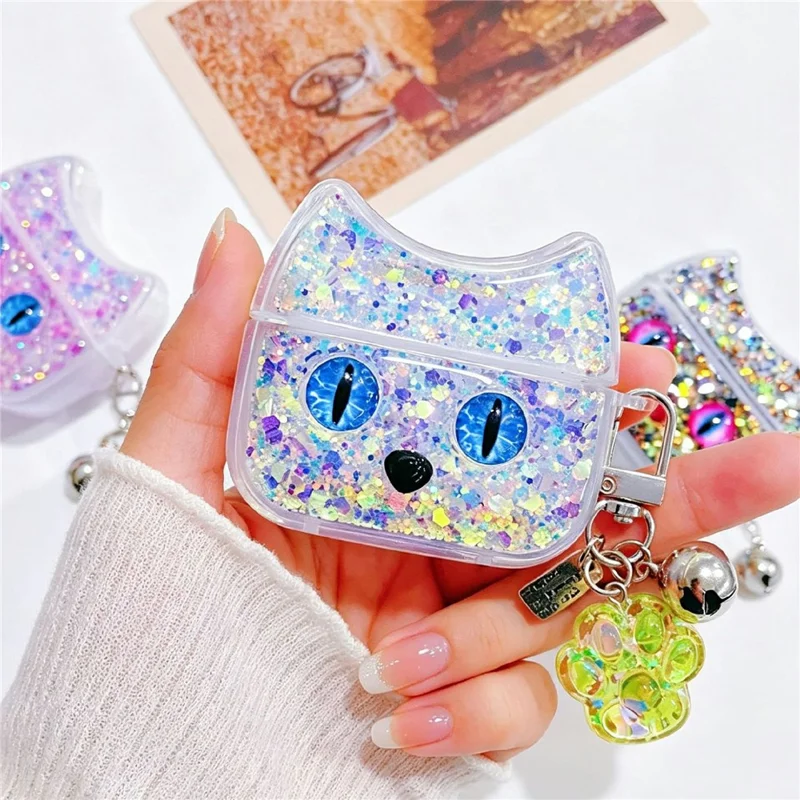 For AirPods 3 Case Cat Ear Sparkle Glitter TPU Anti-Scratch Earphone Cover with Pendant - White