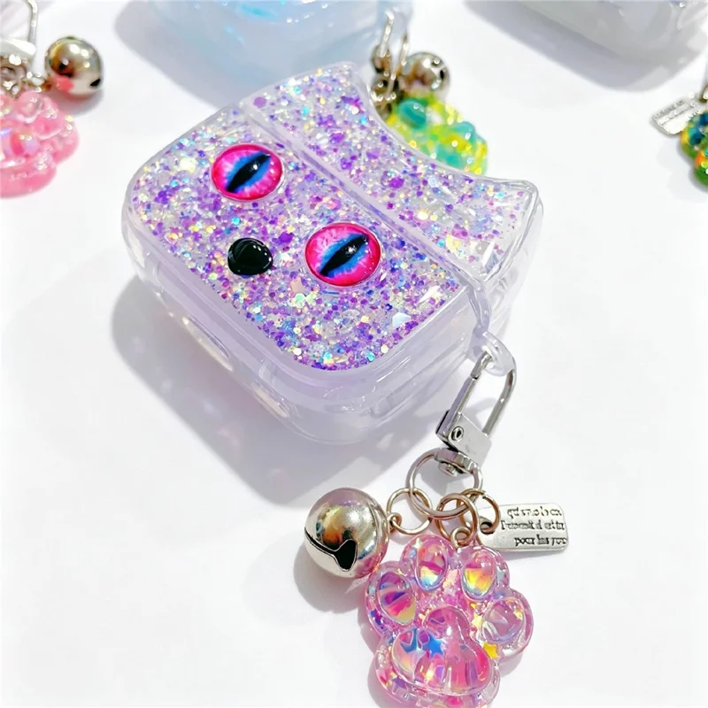 For AirPods 3 Case Cat Ear Sparkle Glitter TPU Anti-Scratch Earphone Cover with Pendant - White