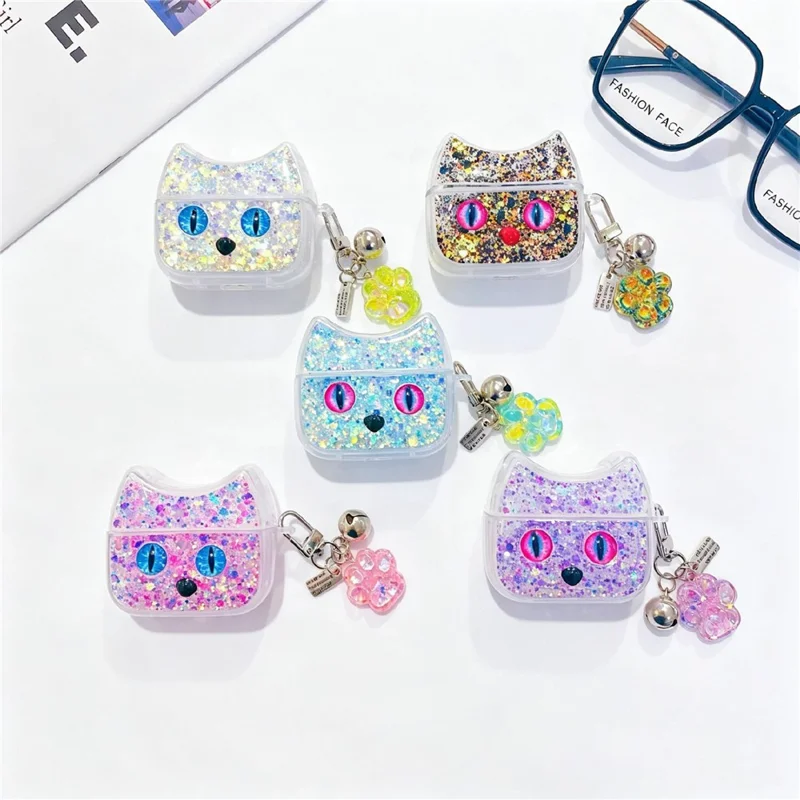 For AirPods 3 Case Cat Ear Sparkle Glitter TPU Anti-Scratch Earphone Cover with Pendant - White