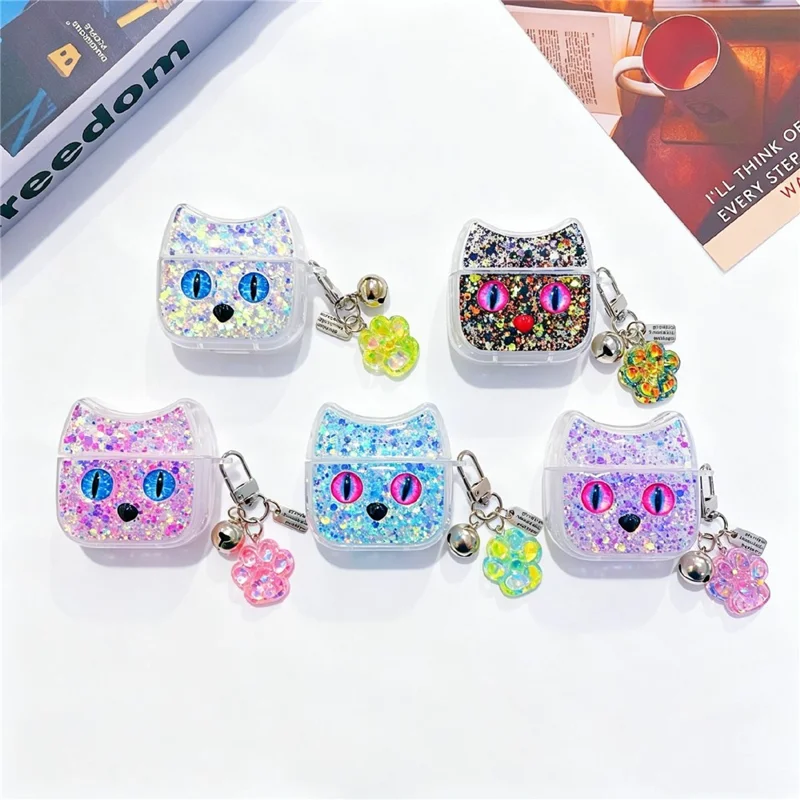 For AirPods 3 Case Cat Ear Sparkle Glitter TPU Anti-Scratch Earphone Cover with Pendant - White
