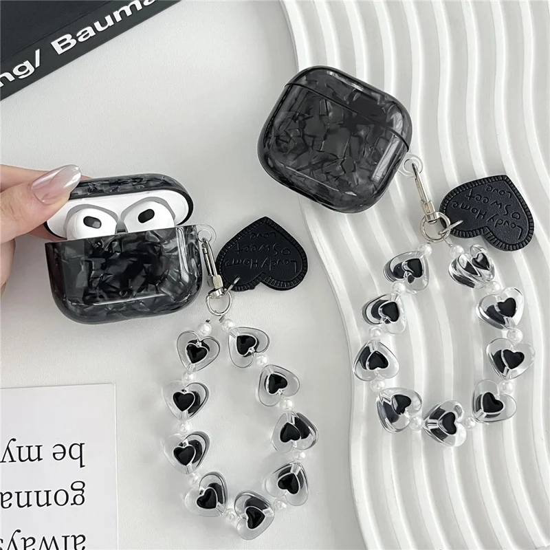 For AirPods 3 Protective Case Black Shell Texture TPU Earphone Cover with Heart Beaded Wrist Strap Chain