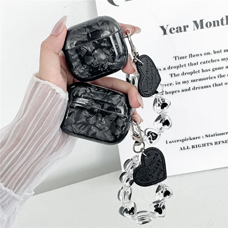 For AirPods 3 Protective Case Black Shell Texture TPU Earphone Cover with Heart Beaded Wrist Strap Chain