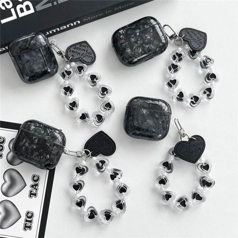For AirPods 3 Protective Case Black Shell Texture TPU Earphone Cover with Heart Beaded Wrist Strap Chain