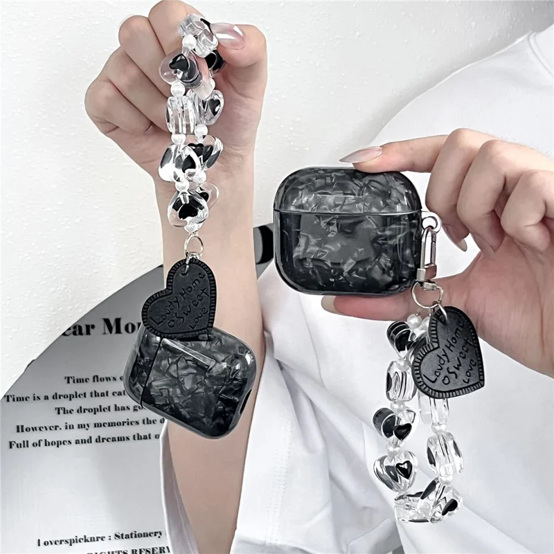 For AirPods 5 / 4 Protective Case Black Shell Texture TPU Earphone Cover with Heart Beaded Wrist Strap Chain