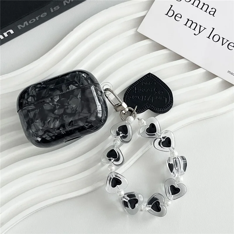 For AirPods Pro 3 Protective Case Black Shell Texture TPU Earphone Cover with Heart Beaded Wrist Strap Chain