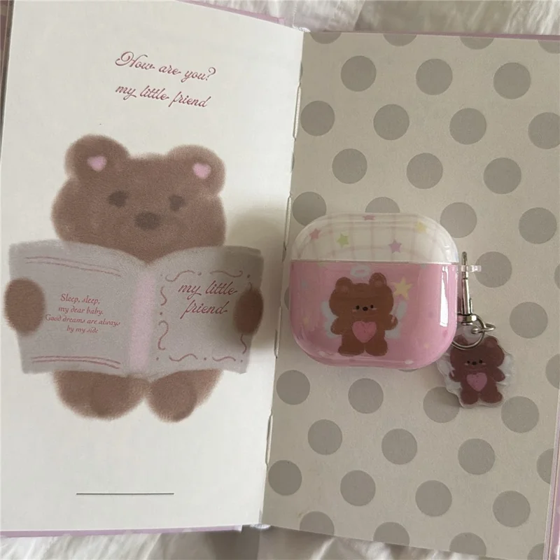 For AirPods 3 Protective Case Brown Bear Cartoon Pattern TPU Earphone Cover with Buckle Keychain + Pendant