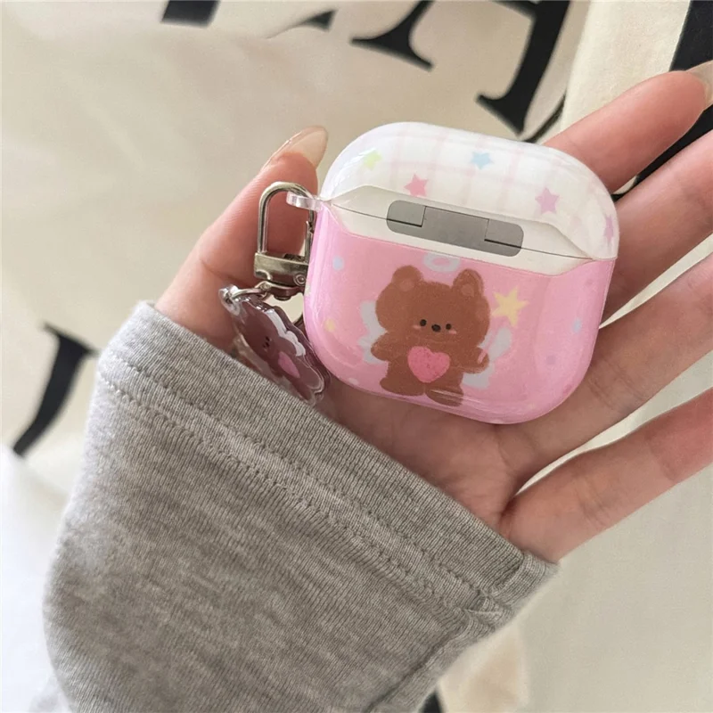 For AirPods 3 Protective Case Brown Bear Cartoon Pattern TPU Earphone Cover with Buckle Keychain + Pendant