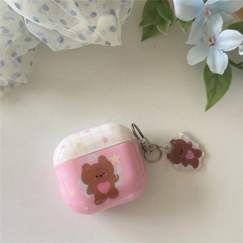 For AirPods 3 Protective Case Brown Bear Cartoon Pattern TPU Earphone Cover with Buckle Keychain + Pendant