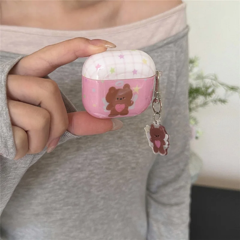 For AirPods 5 / 4 Protective Case Brown Bear Cartoon Pattern TPU Earphone Cover with Buckle Keychain + Pendant