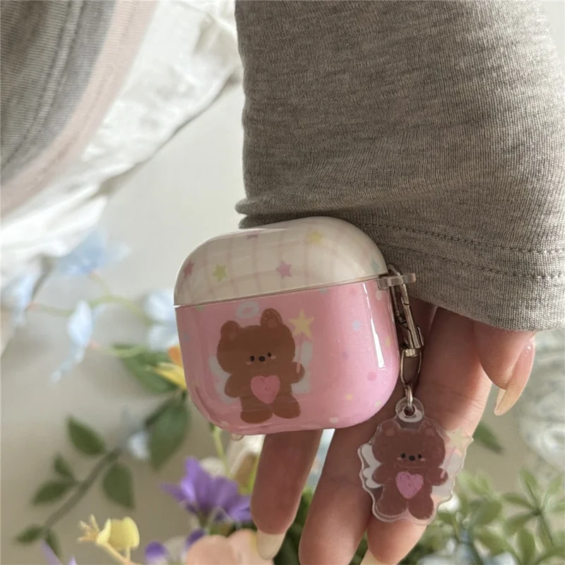 For AirPods 5 / 4 Protective Case Brown Bear Cartoon Pattern TPU Earphone Cover with Buckle Keychain + Pendant