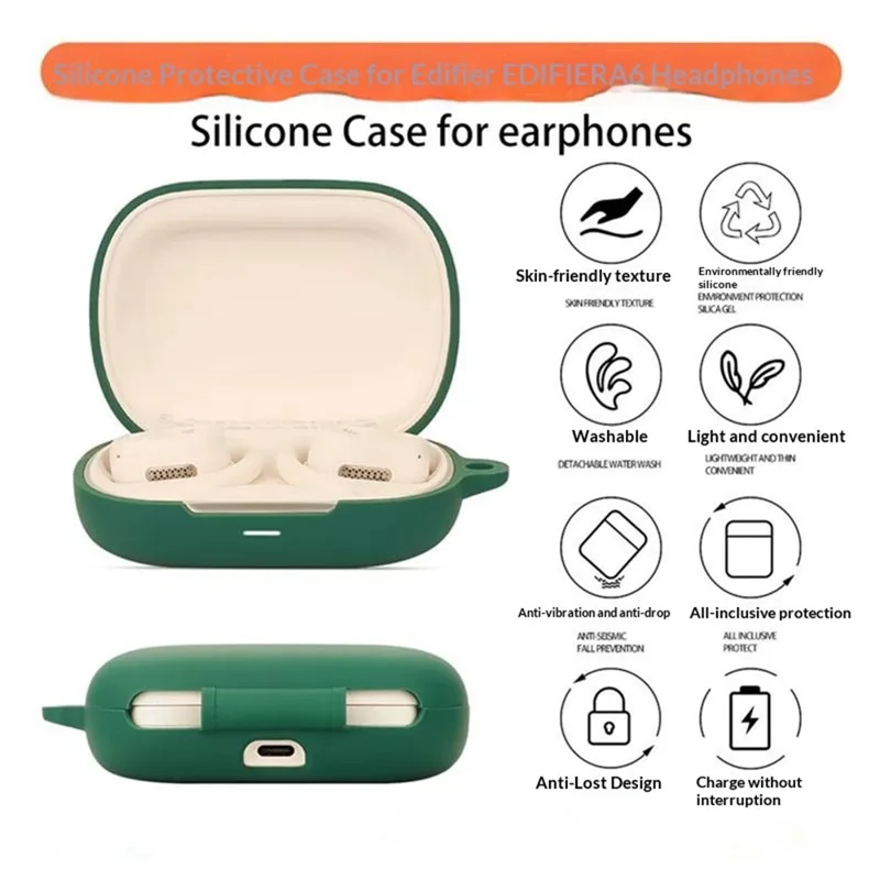 For Edifier A6 Silicone Case Wireless Earbuds Protective Cover with Anti-Lost Buckle - Blackish Green