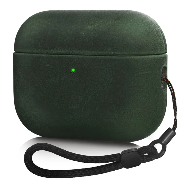 AHASTYLE BO09-P2 for AirPods Pro 2 Case Crazy Horse Texture Genuine Cow Leather Shockproof Cover with Detachable Lanyard - Midnight Green