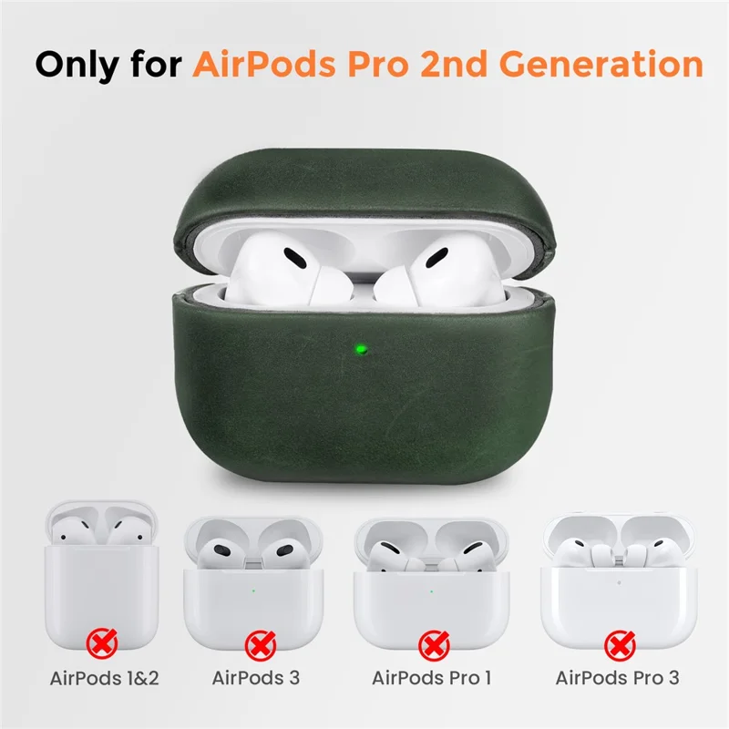 AHASTYLE BO09-P2 for AirPods Pro 2 Case Crazy Horse Texture Genuine Cow Leather Shockproof Cover with Detachable Lanyard - Midnight Green