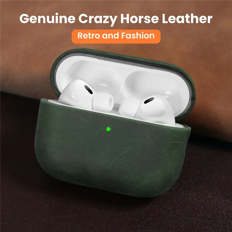 AHASTYLE BO09-P2 for AirPods Pro 2 Case Crazy Horse Texture Genuine Cow Leather Shockproof Cover with Detachable Lanyard - Midnight Green
