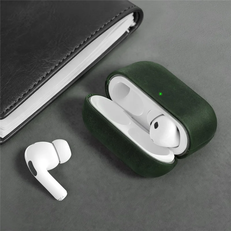 AHASTYLE BO09-P2 for AirPods Pro 2 Case Crazy Horse Texture Genuine Cow Leather Shockproof Cover with Detachable Lanyard - Midnight Green
