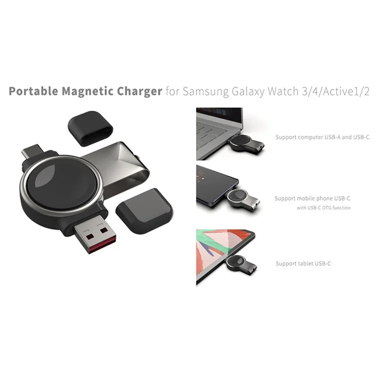 Carregador Sem Fio Rápido Magnético 2 em 1 USB+Type-C T304-S para Samsung Galaxy Watch 3 4/Galaxy Watch Active 1 2
