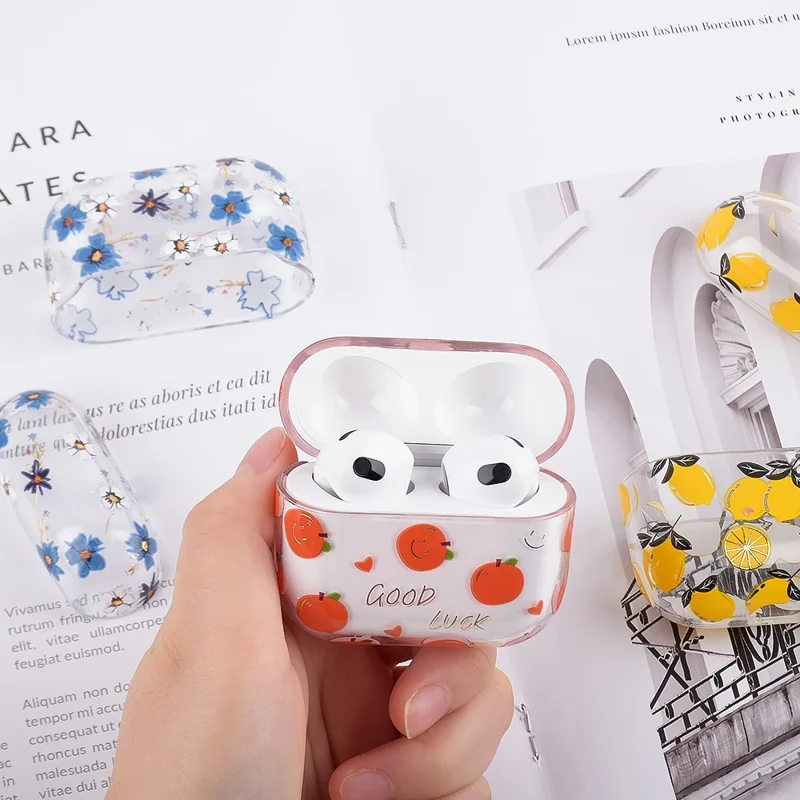 Fruit Flower Pattern Gold Stamping Hard PC Earphone Charging Box Protective Case Cover for Apple AirPods 3 - F04