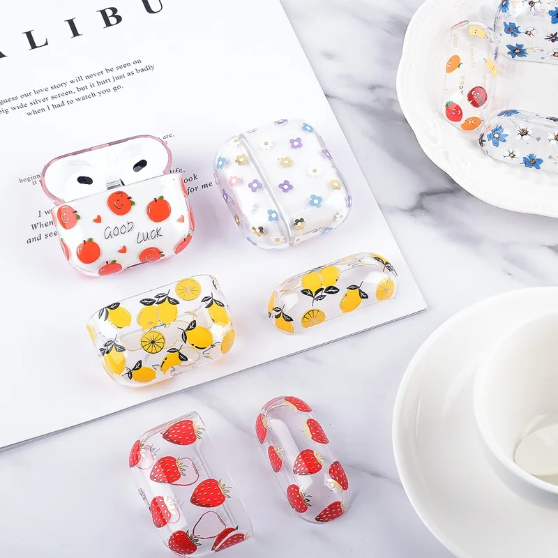 Fruit Flower Pattern Gold Stamping Hard PC Earphone Charging Box Protective Case Cover for Apple AirPods 3 - F04